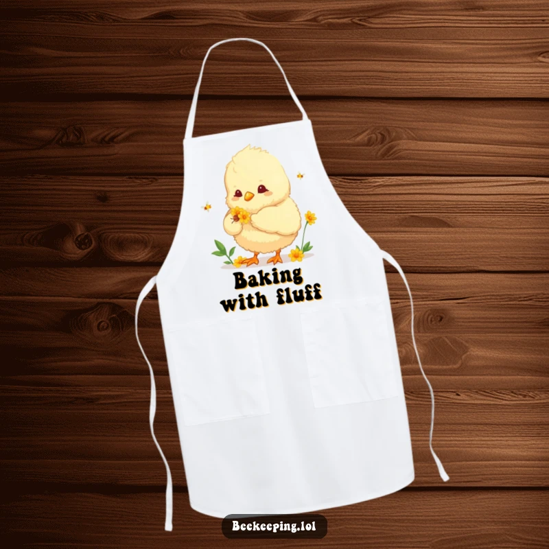 Funny apron featuring a fluffy chick diligently collecting nectar. A humorous and practical accessory for kitchen tasks.