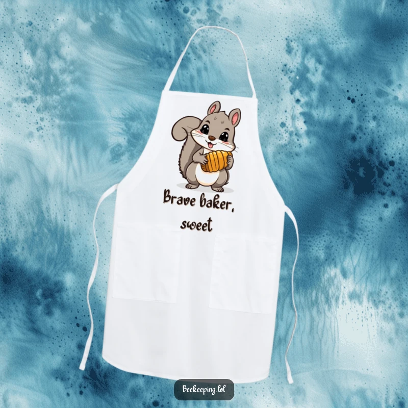 Funny brave squirrel holding a comb full of honey, on a kitchen apron, adding wild and sweet vibes to cooking.