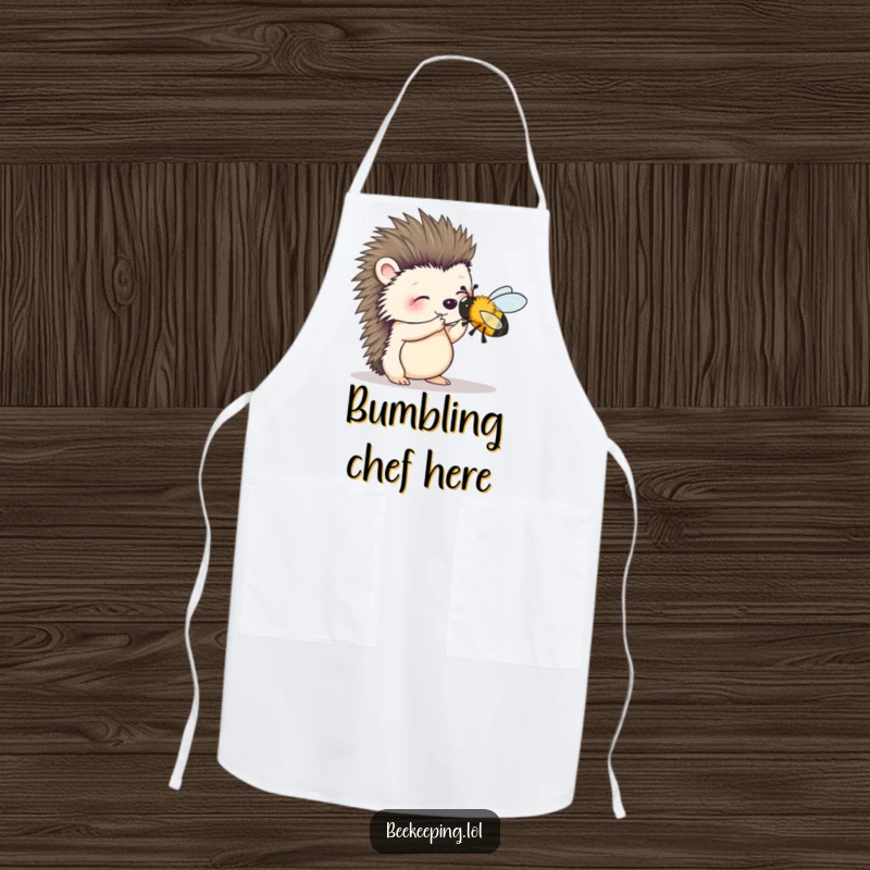 Funny apron depicting a wobbly hedgehog gently attempting to brush a bee, ideal for cooking and baking with a touch of charm.