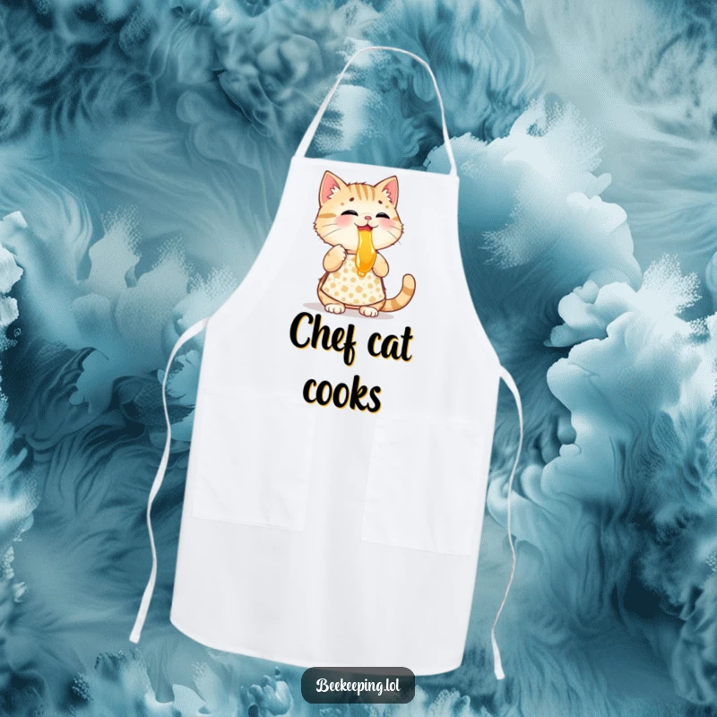 Funny playful cat wearing a patterned apron, tasting honey, a functional and humorous cooking apron.