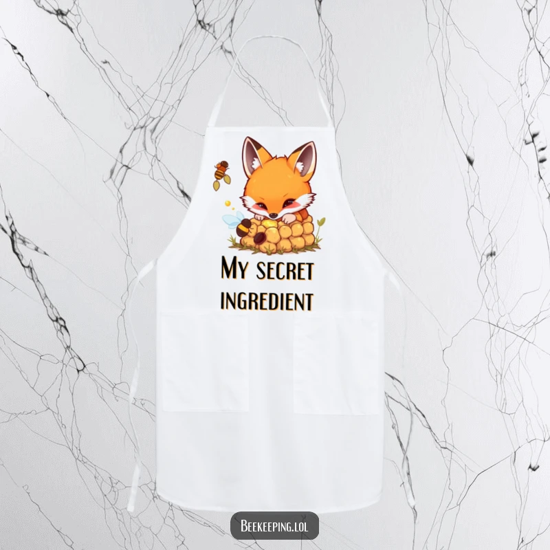 Funny apron with a fox curiously peering into a bubbling beehive, ready for kitchen exploration.