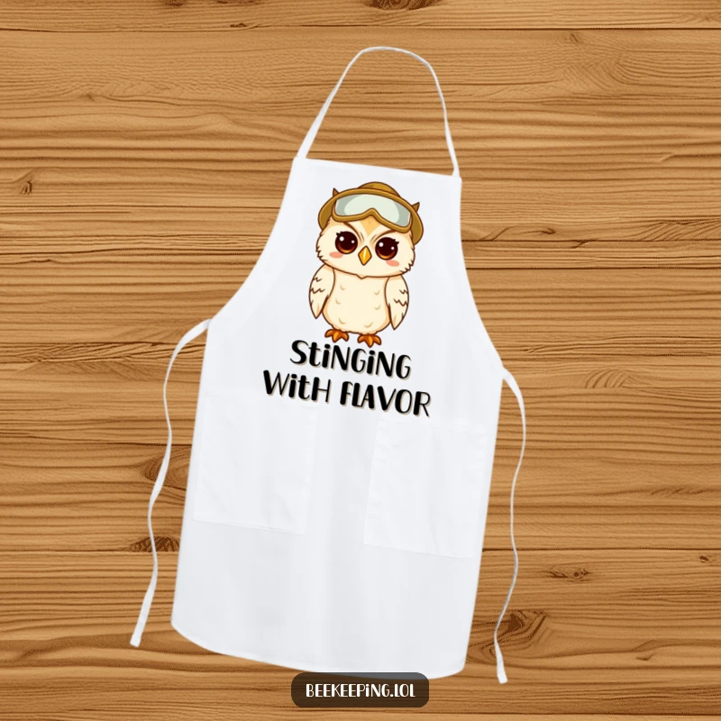 Funny apron with a wise owl in beekeeper gear, looking amused and ready for the kitchen.