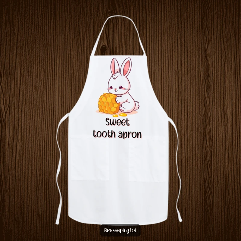 Funny bunny apron with a curious rabbit examining a honeycomb, ideal for a funny gift.