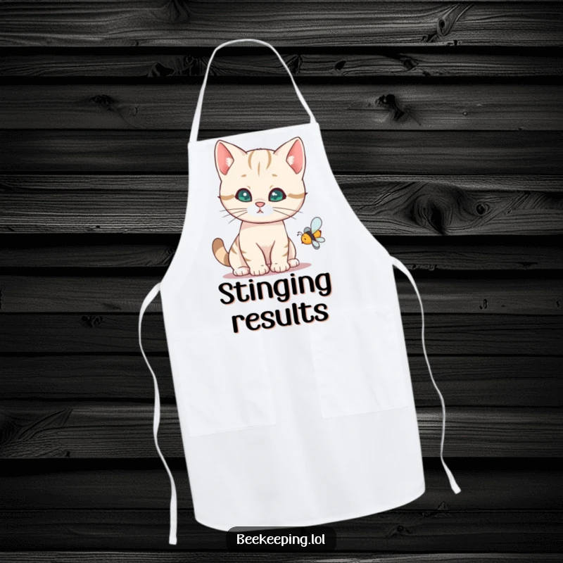 Funny cat apron showing a curious cat observing a buzzing bee, ideal for kitchen fun and protection.