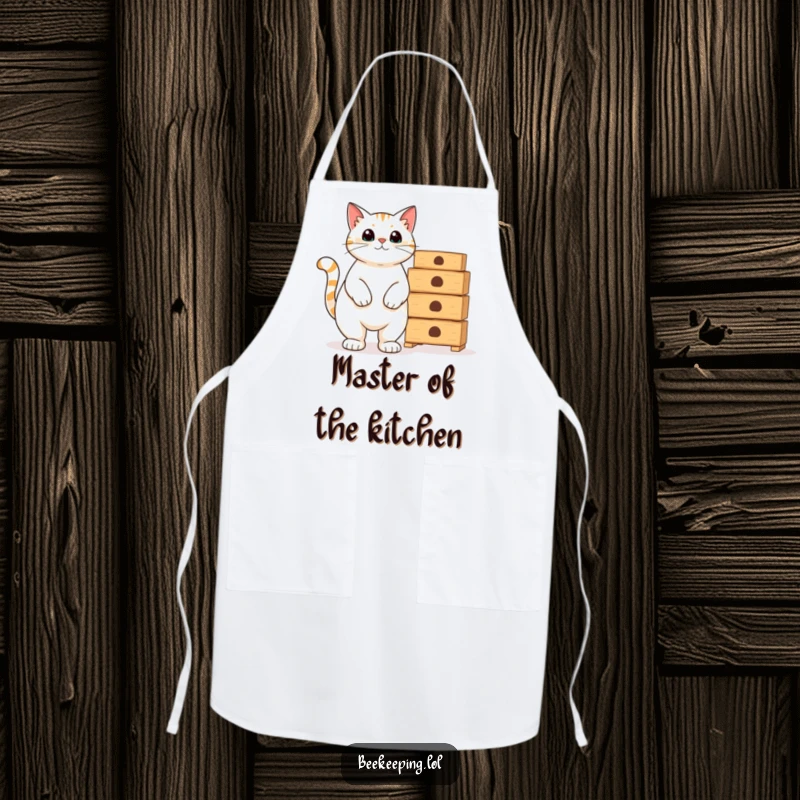 Funny proud cat beside empty beekeeping hives on a kitchen apron, for humorous cooking.