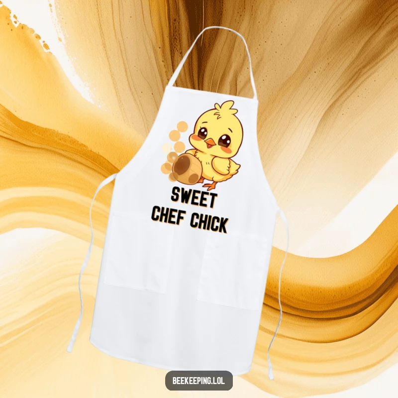 Funny apron showcasing a cheerful chick pecking at a honeycomb, wide curious eyes, perfect for kitchen fun.