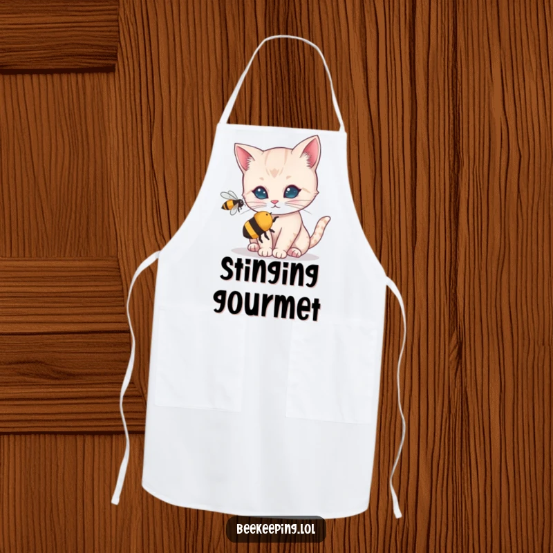 Funny apron featuring a curious cat intently watching a buzzing bee. A humorous and practical kitchen accessory for chefs and home cooks.