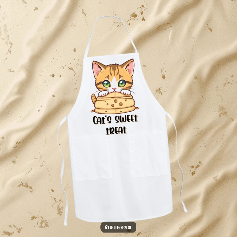 Funny curious cat peering into a beehive, symbolizing focus and mischief on a kitchen apron.