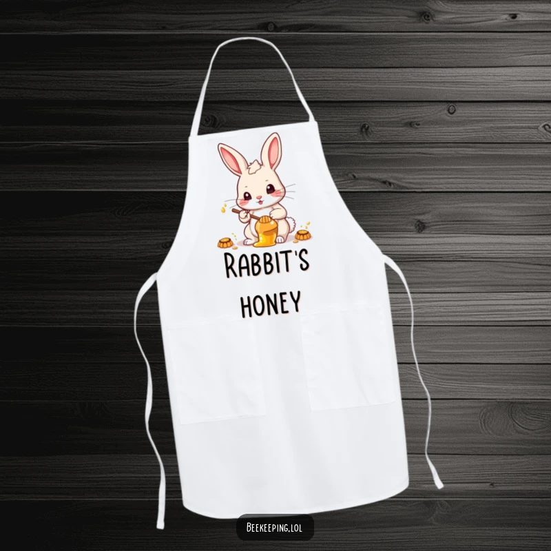 Funny determined rabbit collecting honey, showcasing precision and humor on a functional apron.