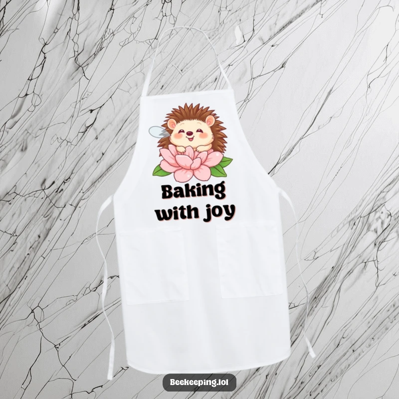 Funny giggling hedgehog buzzing around a flower on a kitchen apron, for humorous cooking.