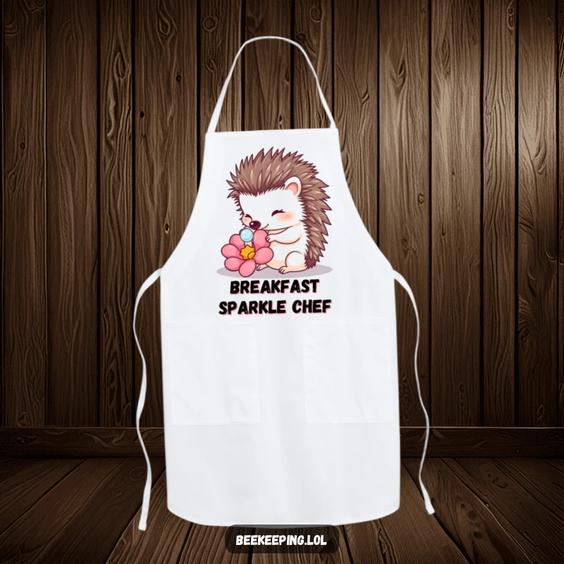 Funny Hedgehog Touching Dewdrop Apron: A hedgehog gently touches a dewdrop on a flower, adding charm to the kitchen.