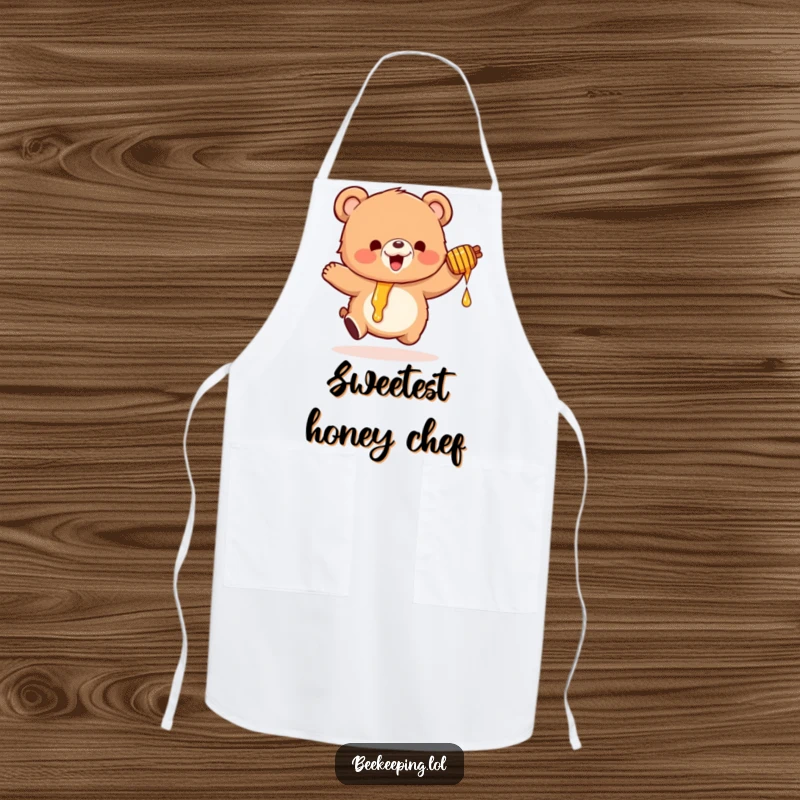 Funny apron showing a small, fluffy bear energetically bouncing, honey pot dripping, ready for kitchen fun.