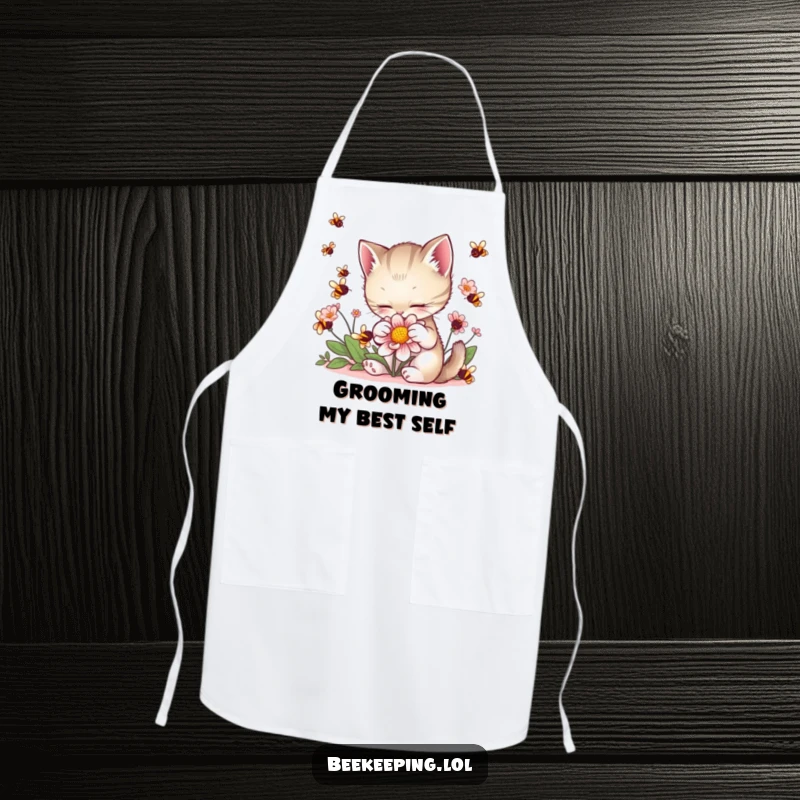 Funny Kitten Flower Apron: A playful kitten gently pets a flower, bees buzzing nearby, making kitchen tasks more enjoyable.