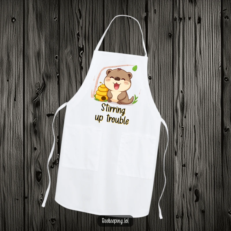 Funny Otter Beehive Apron, durable kitchen wear, happy otter peeking curiously into a beehive, humorous animal accessory.
