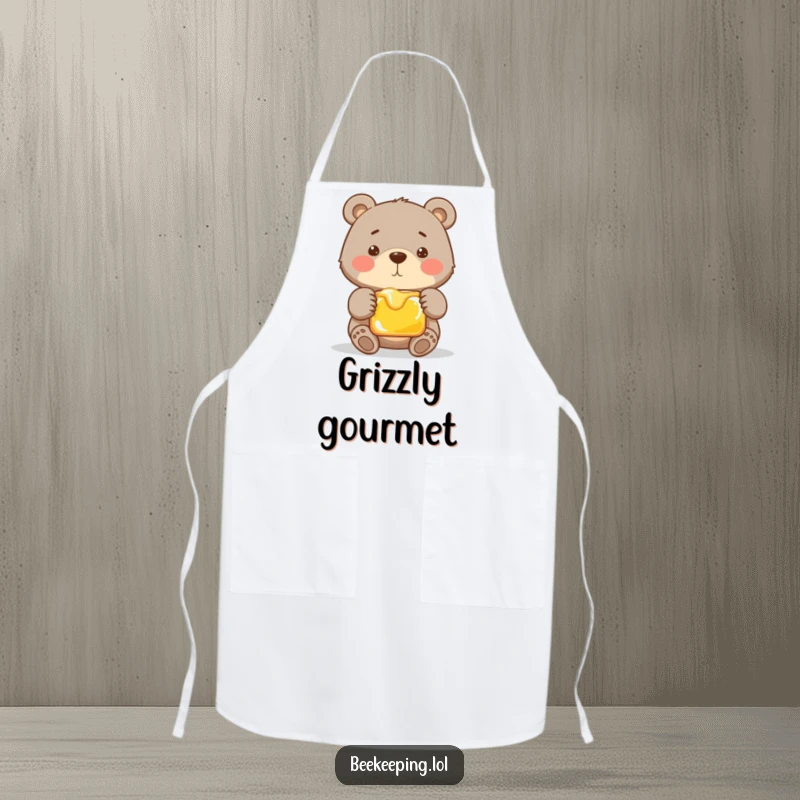 Funny apron featuring a proud bear gently holding a frame of honey. A humorous and practical accessory for kitchen adventures.