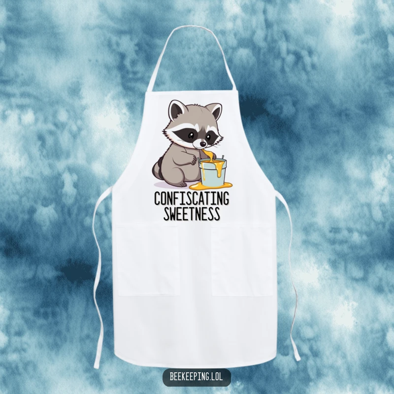 Funny Raccoon Honey Apron, durable kitchen wear, a determined raccoon gently scooping honey into a small pail, humorous nature accessory.