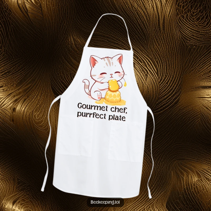 Funny apron showing a determined cat gently gathering honey from a glowing honeycomb.