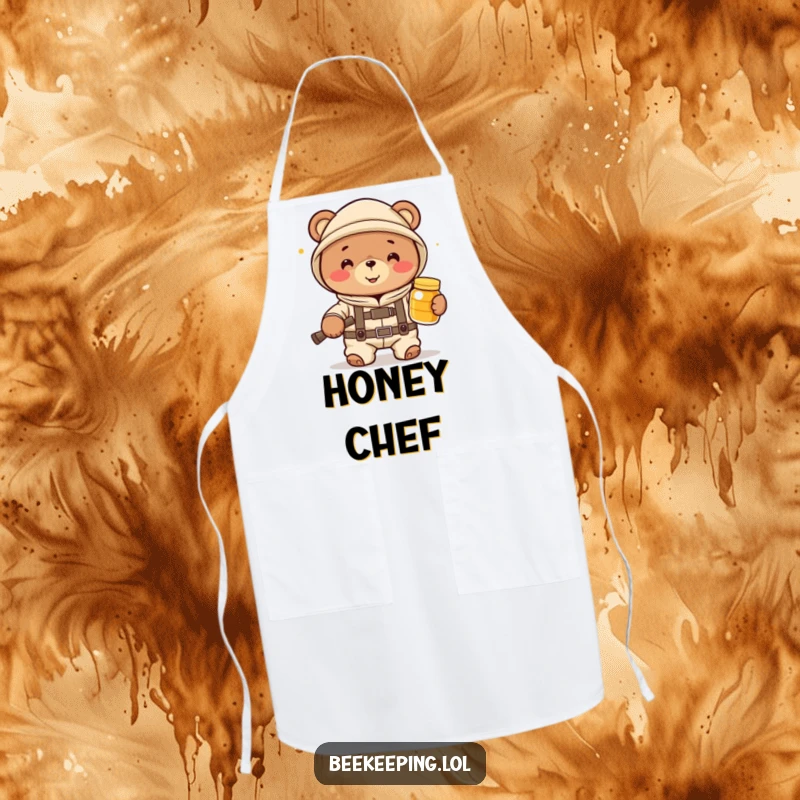 Funny bear beekeeper in a suit, ready to cook and spread humor with a jar of honey on a protective apron.