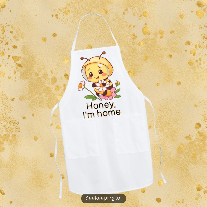 Funny bee wearing a miniature beekeeper veil, examining a flower, a functional and humorous cooking apron.