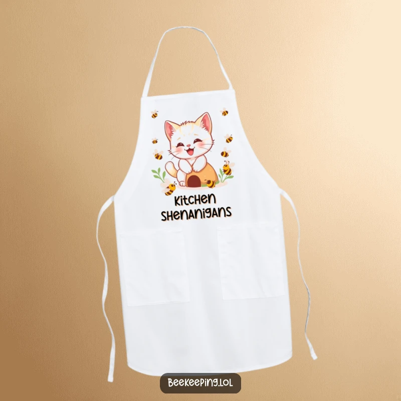 Funny kitten bee apron, happy kitten buzzing around imaginary bees near a hive, playful and humorous kitchen wear.