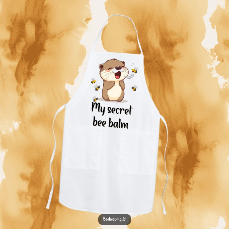Funny apron showing an excited otter using smoke to calm bees, perfect for a humorous kitchen atmosphere and protecting clothes.