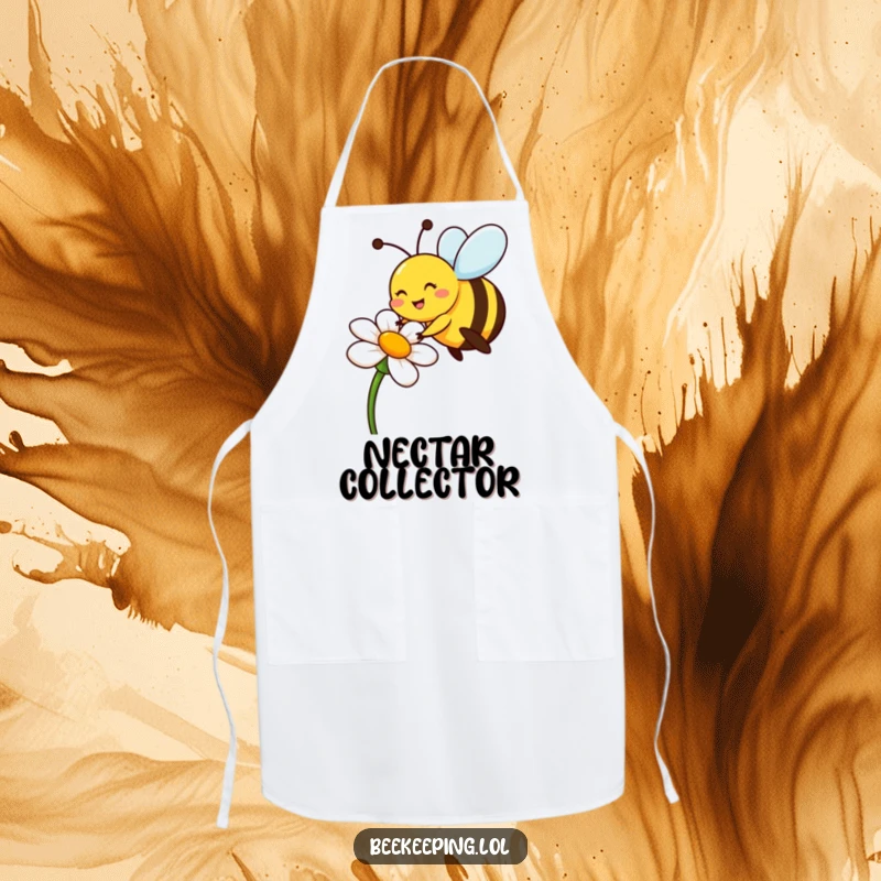 Funny bee apron showing a cheerful pollinator on a flower, a perfect funny gift.