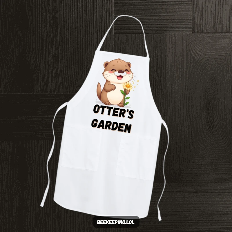 Funny playful otter sprinkling a flower, symbolizing joy and fun on a kitchen apron.