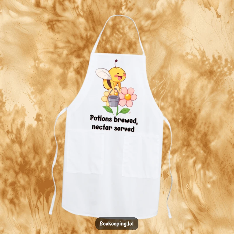Funny apron showing a cheerful bee with a tiny bucket, about to land on a smiling flower.