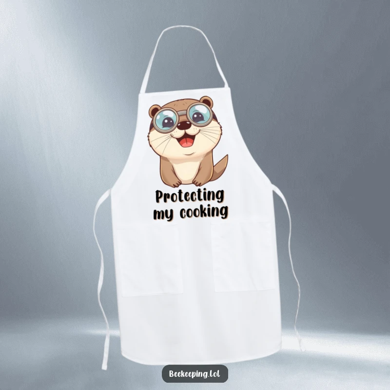 Funny cheerful otter wearing round protective goggles on a kitchen apron, for humorous cooking adventures.