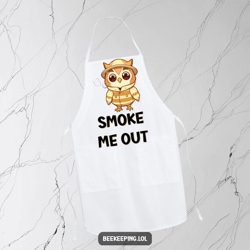 Funny cheerful owl in a beekeeper suit, holding a puff of smoke, a functional and humorous cooking apron.