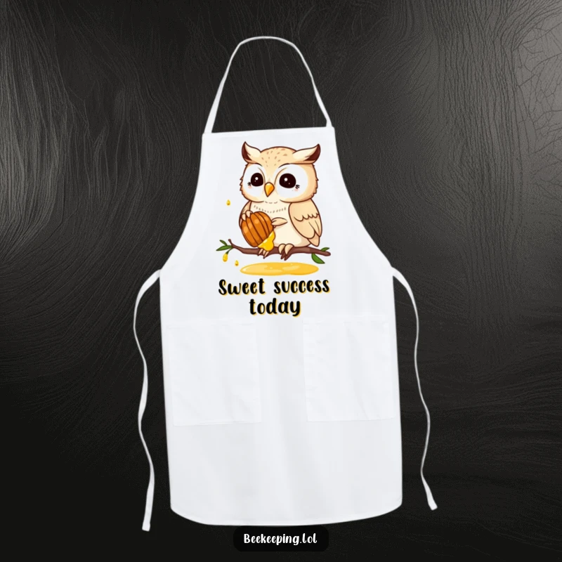 Funny apron depicting a proud owl collecting golden honey from a honeycomb, perfect for kitchen adventures and cooking sessions.