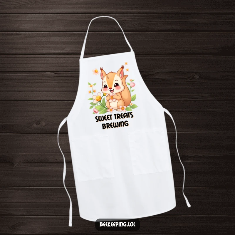 Funny apron with a smiling squirrel collecting nectar from a flower, adding a whimsical and humorous touch to kitchen tasks.