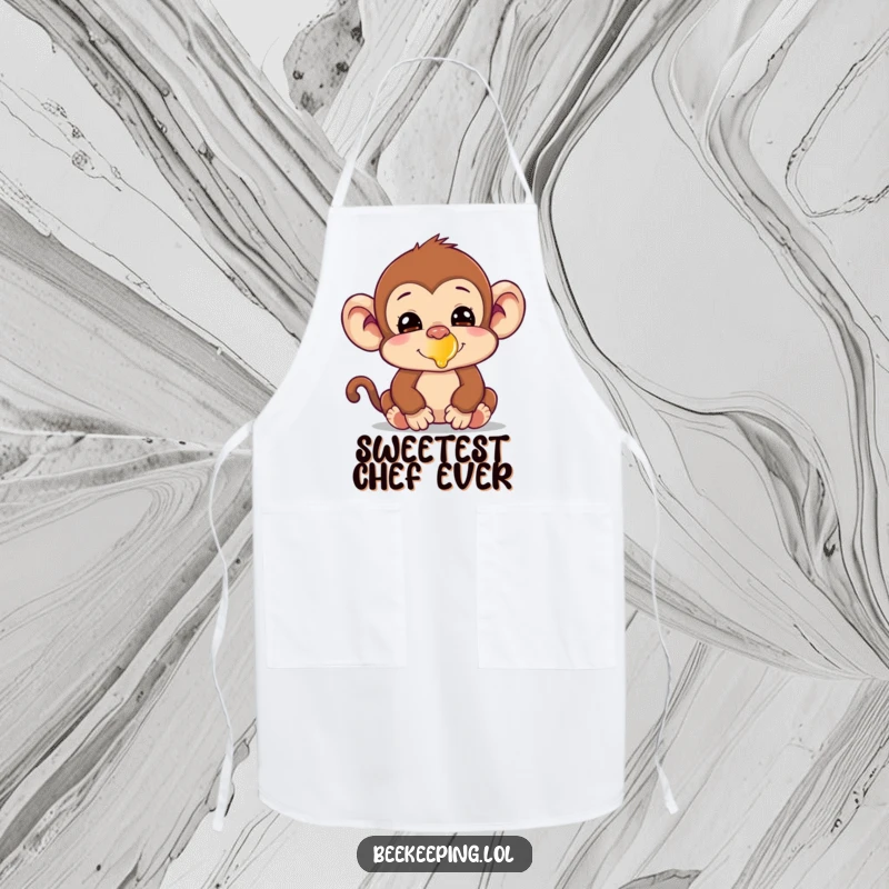 Funny silly monkey with honey on its nose on a kitchen apron, for humorous cooking and baking.