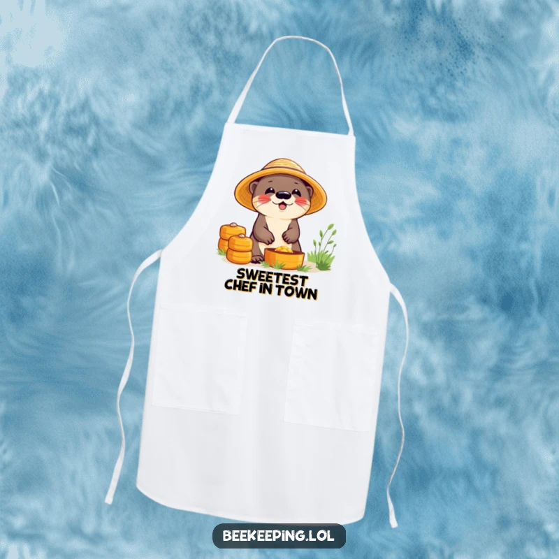 Funny apron with a giggling otter wearing a straw hat, working with beehives, perfect for adding humor to the kitchen.