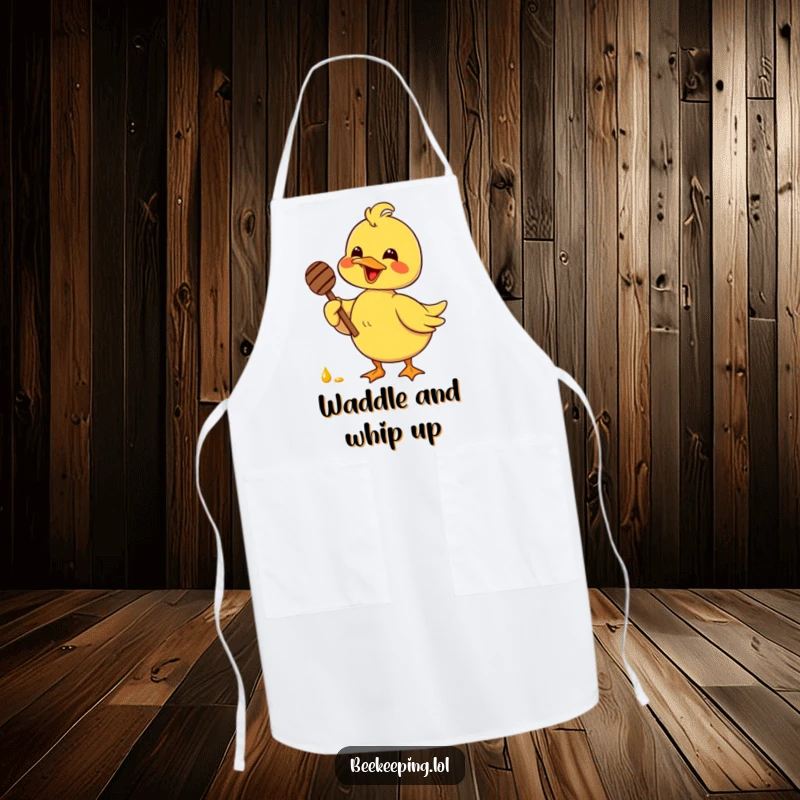 Funny delighted duck holding a honey dipper with glee, on a kitchen apron, adding sweet and cheerful vibes to cooking.
