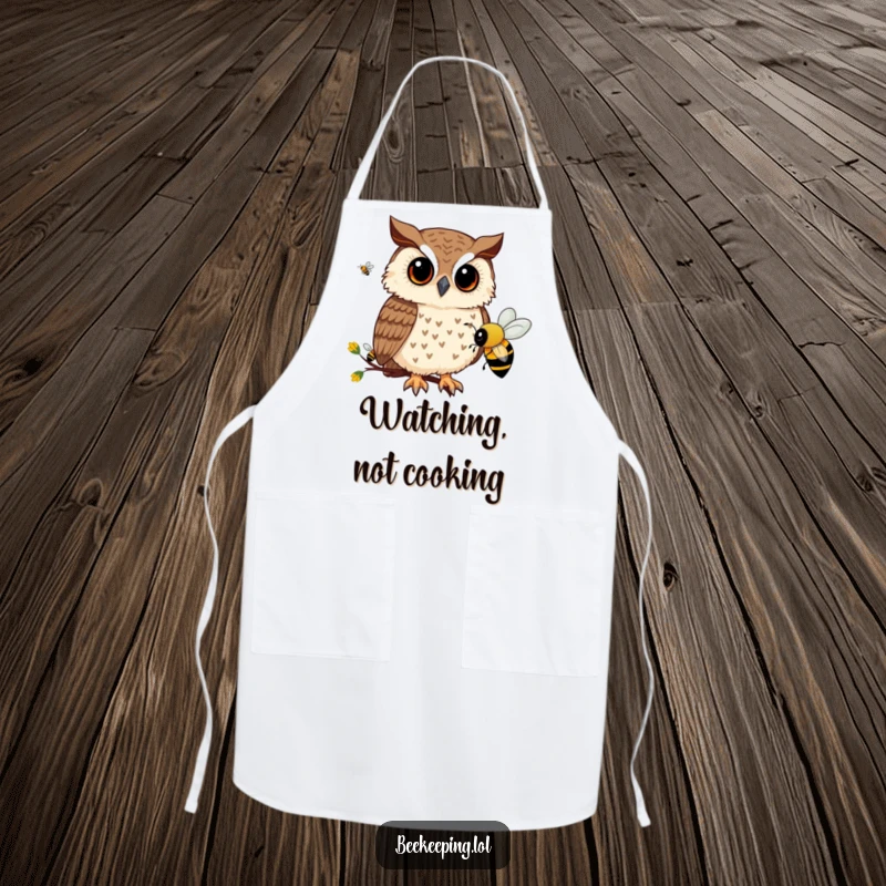 Funny apron with a curious owl observing bee activity, adding a humorous and intriguing touch to kitchen tasks.