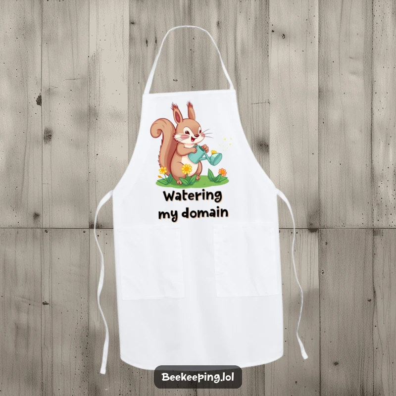 Funny Squirrel Watering Flower Apron: A squirrel happily waters a flower with a tiny can, adding fun to chores.