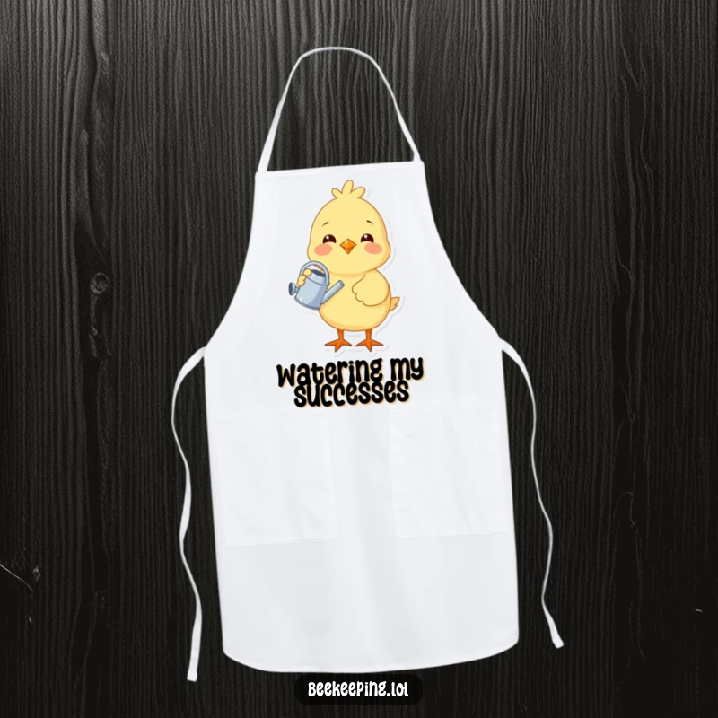 Funny chick holding a tiny watering can, illustrated on a cooking and gardening apron, bringing cheerful vibes to the kitchen.