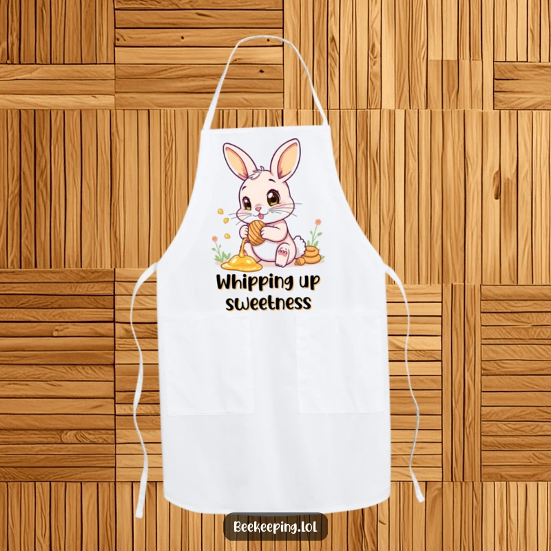 Funny apron with a bunny collecting honey, its eyes wide with wondrous delight.
