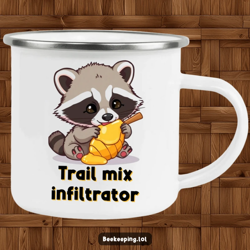 Funny Raccoon Camping Mug showing a mischievous raccoon trying to steal honey, perfect for outdoor enthusiasts who appreciate humor.