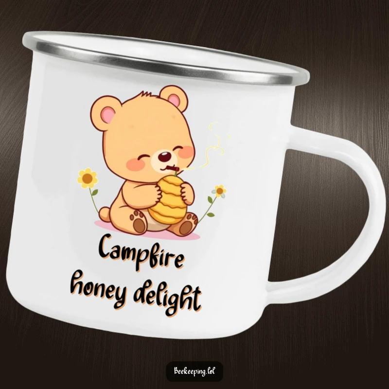 Funny Bear Cub Camping Mug: Durable mug with a relaxed bear cub gently smoking a small beehive, for outdoor enjoyment.