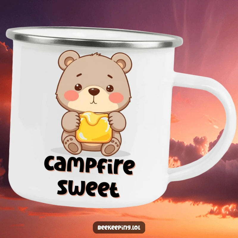 Funny camping mug showcasing a proud bear gently holding a frame of honey. Rugged and humorous drinkware for outdoor excursions.