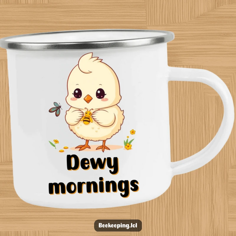 Funny chick camping mug with a fluffy chick collecting nectar, designed for outdoor charm.