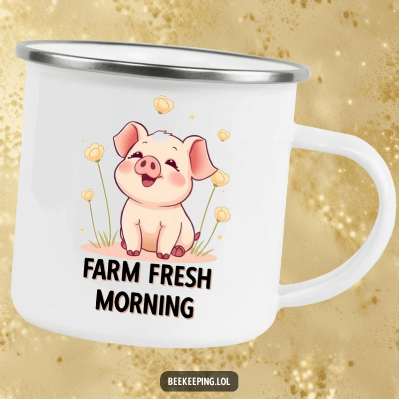 Funny camping mug with a delighted piglet watching fluffy seed heads float, designed for outdoor enthusiasts who appreciate humor and cuteness.