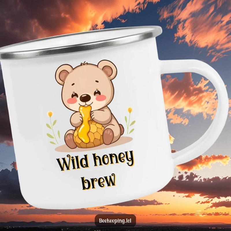 Funny smiling bear cub gently collecting honey from a dripping comb, a sturdy and humorous enamel camping mug.