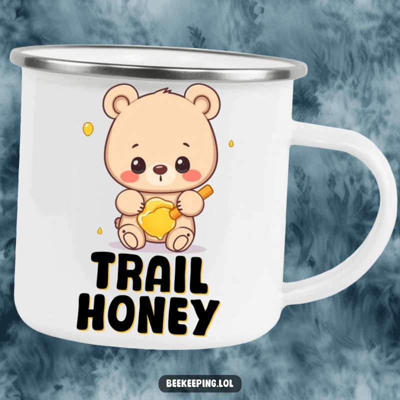 Funny bear camping mug featuring a proud bear holding honey, designed for outdoor laughs.