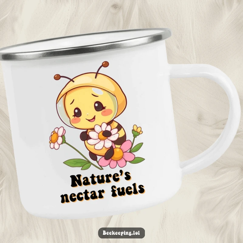 Funny bee wearing a miniature beekeeper veil, examining a flower, a sturdy and humorous enamel camping mug.