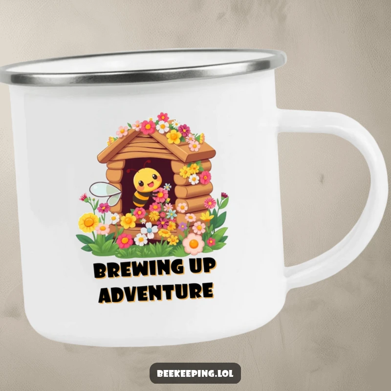 Funny camping mug with a busy bee working on a flower hive, ready for outdoor enjoyment.