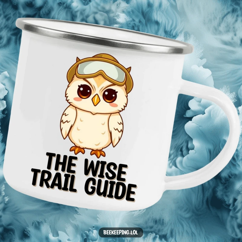 Funny camping mug featuring a wise, amused owl dressed in beekeeper gear, ready for adventure.