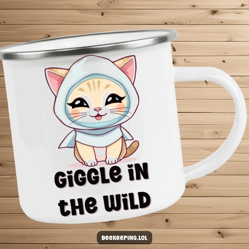 Funny Cat Camping Mug: A durable mug depicting a giggling cat dressed as a beekeeper, ready for outdoor fun.